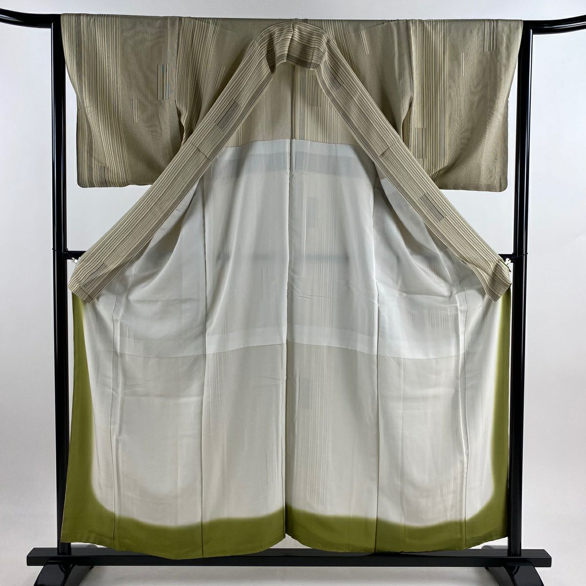 【美品】 小紋 身長158cm 袖長63cm S 雙層 大和 背抜 縱條紋 米色 純蠶絲 優品級