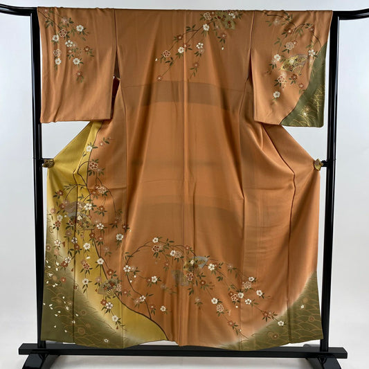 訪問服 身長156cm 袖長63.5cm S 雙層 扇子子 櫻花 金銀彩 金絲 橙色 純蠶絲 優品級