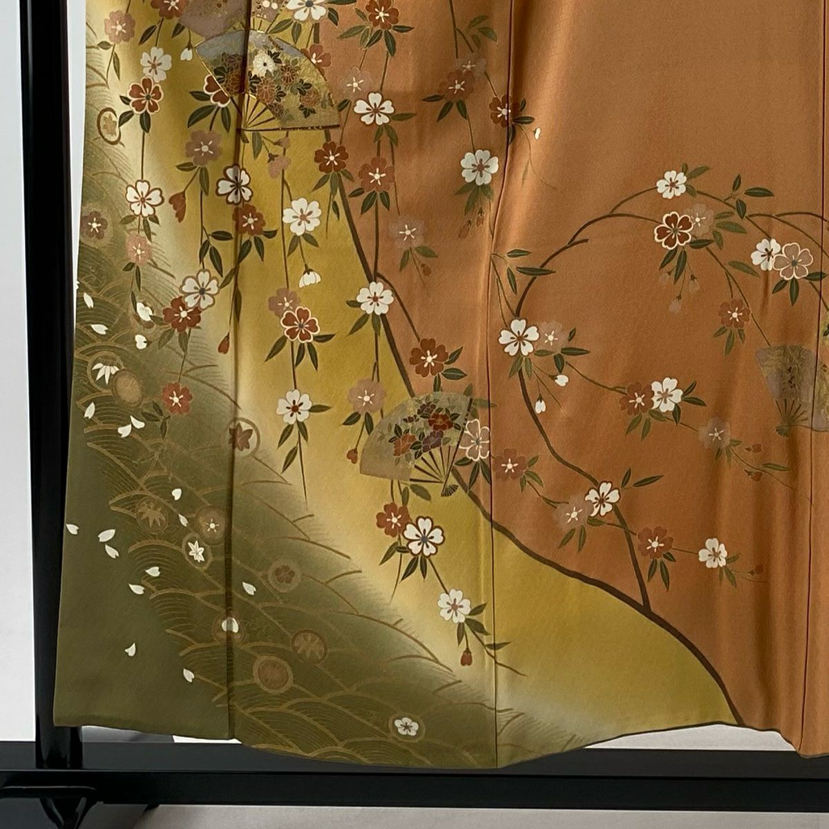 訪問服 身長156cm 袖長63.5cm S 雙層 扇子子 櫻花 金銀彩 金絲 橙色 純蠶絲 優品級
