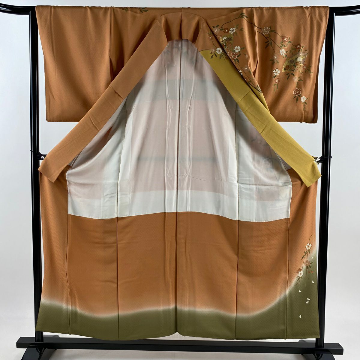 訪問服 身長156cm 袖長63.5cm S 雙層 扇子子 櫻花 金銀彩 金絲 橙色 純蠶絲 優品級