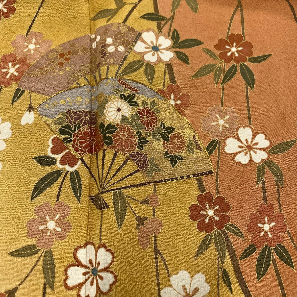訪問服 身長156cm 袖長63.5cm S 雙層 扇子子 櫻花 金銀彩 金絲 橙色 純蠶絲 優品級