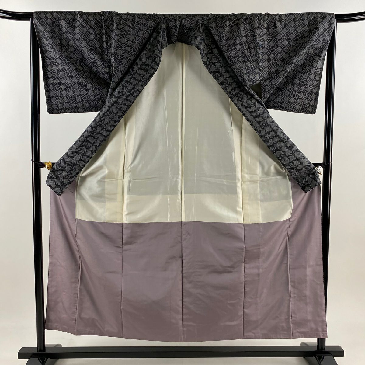 紬織 身長155.5cm 袖長66cm M 雙層 菱 黑灰 純蠶絲 秀品級