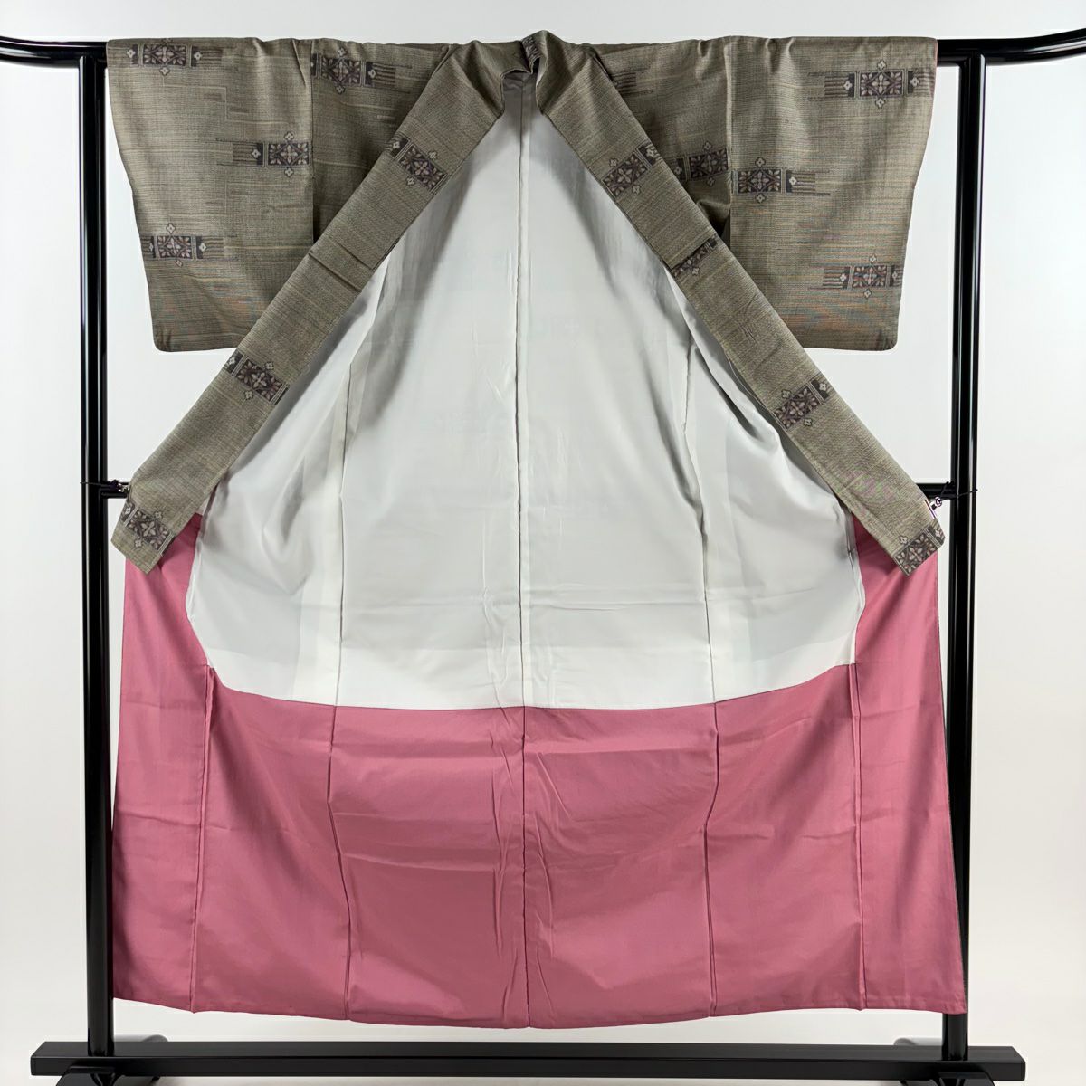 【美品】 紬織 身長158cm 袖長62cm S 雙層 花菱 霞 茶 純蠶絲 秀品級