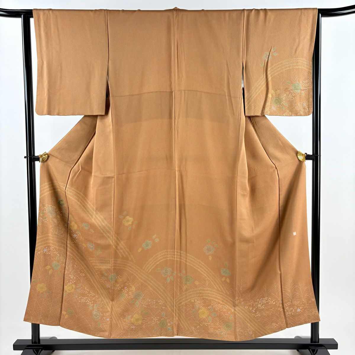 訪問服 身長153cm 袖長64cm M 雙層 落款 草花紋紋 流水刺繡 金糸 茶 純蠶絲 秀品級