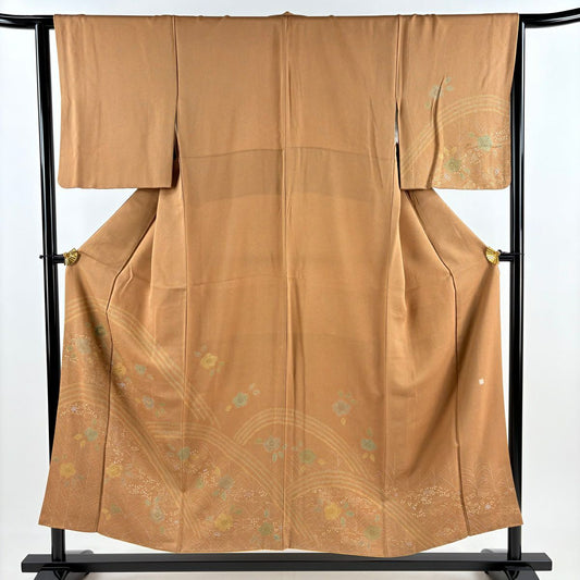 訪問服 身長153cm 袖長64cm M 雙層 落款 草花紋紋 流水刺繡 金糸 茶 純蠶絲 秀品級