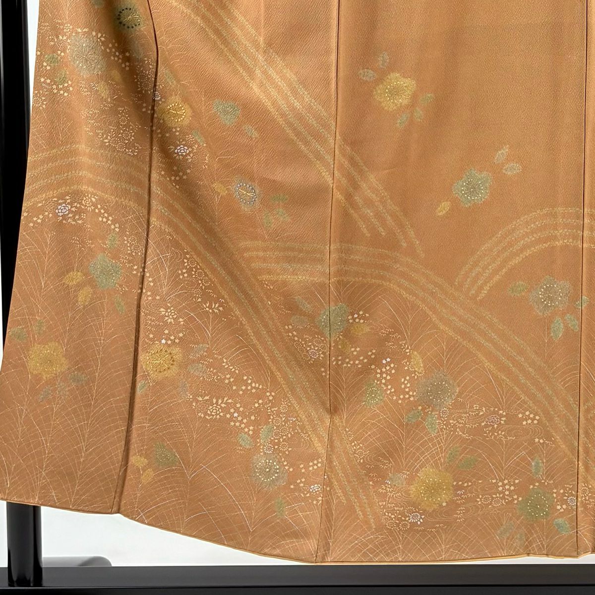 訪問服 身長153cm 袖長64cm M 雙層 落款 草花紋紋 流水刺繡 金糸 茶 純蠶絲 秀品級