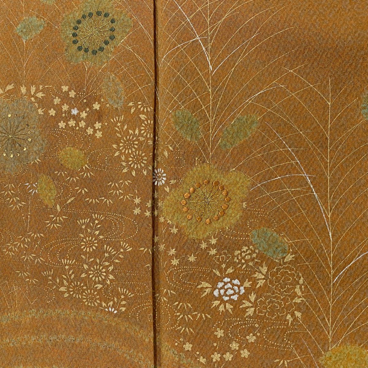 訪問服 身長153cm 袖長64cm M 雙層 落款 草花紋紋 流水刺繡 金糸 茶 純蠶絲 秀品級