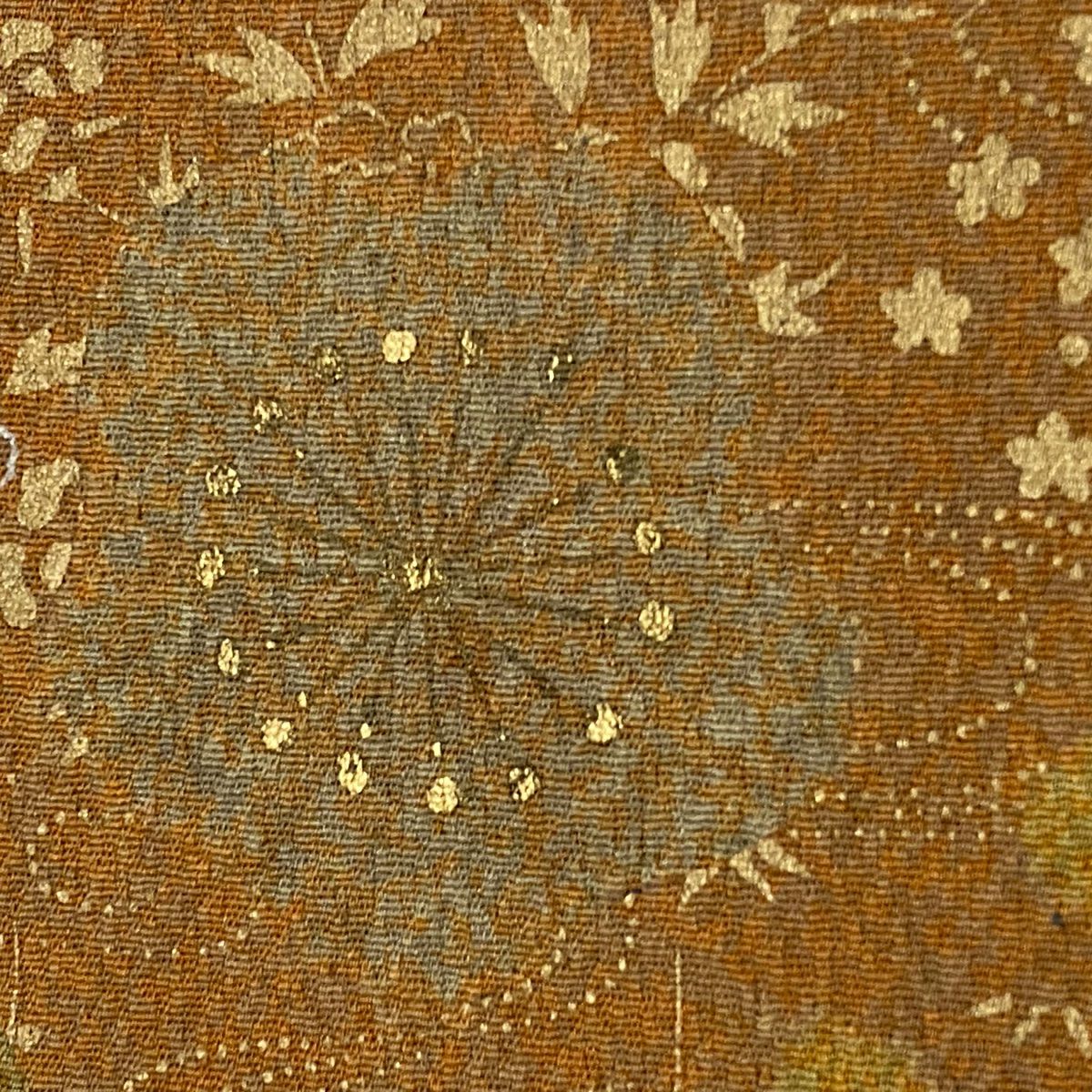 訪問服 身長153cm 袖長64cm M 雙層 落款 草花紋紋 流水刺繡 金糸 茶 純蠶絲 秀品級