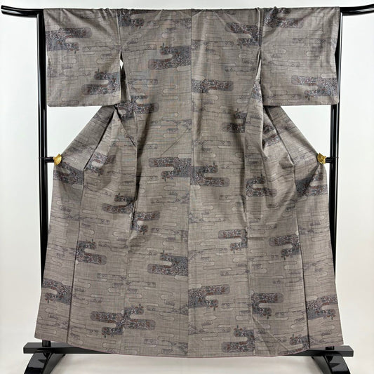【美品】 紬織織 身長159cm 袖長66.5cm M 雙層 ヱ霞 草花紋紋 灰茶 純蠶絲 秀品級