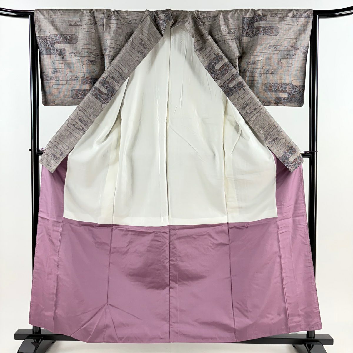 【美品】 紬織織 身長159cm 袖長66.5cm M 雙層 ヱ霞 草花紋紋 灰茶 純蠶絲 秀品級