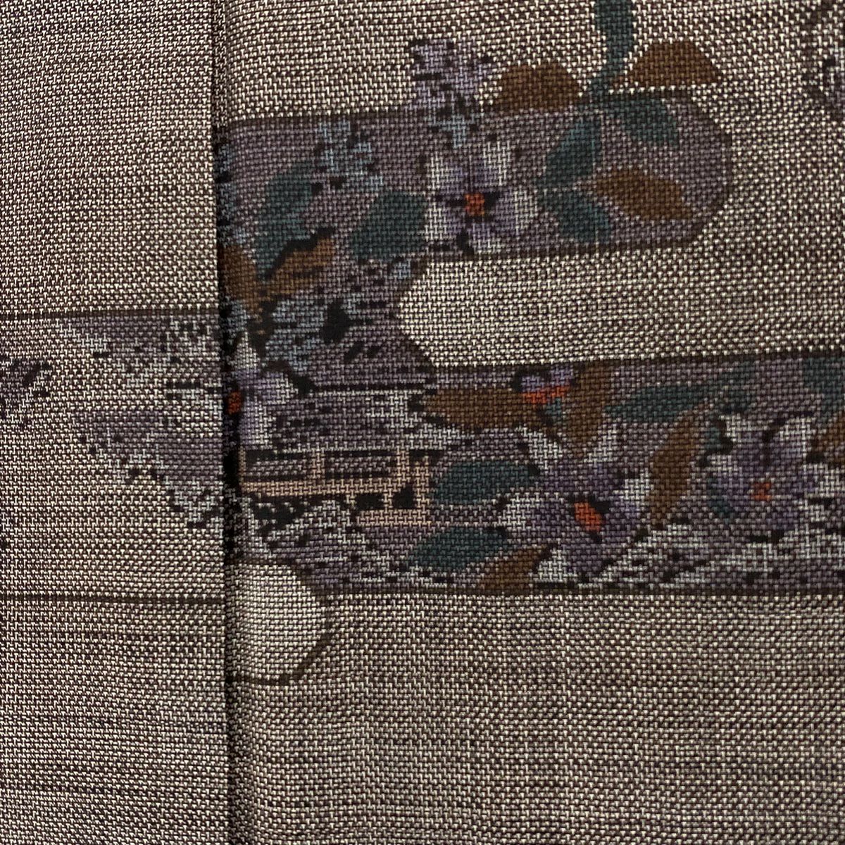 【美品】 紬織織 身長159cm 袖長66.5cm M 雙層 ヱ霞 草花紋紋 灰茶 純蠶絲 秀品級
