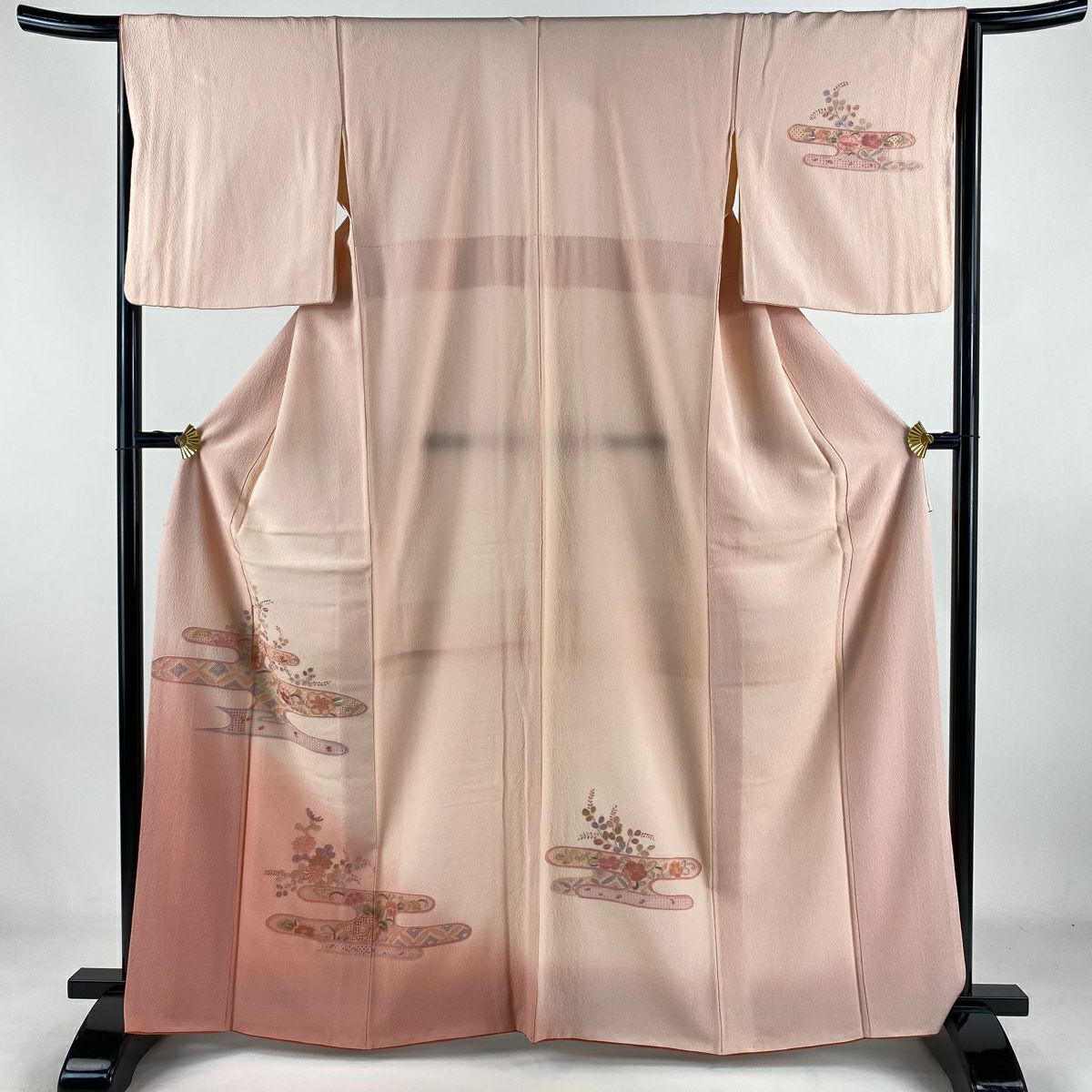 付下 身長164.5cm 袖長65cm M 雙層 ヱ霞 草花紋紋 汕頭刺繡 漸層 鮭粉色 純蠶絲 秀品級