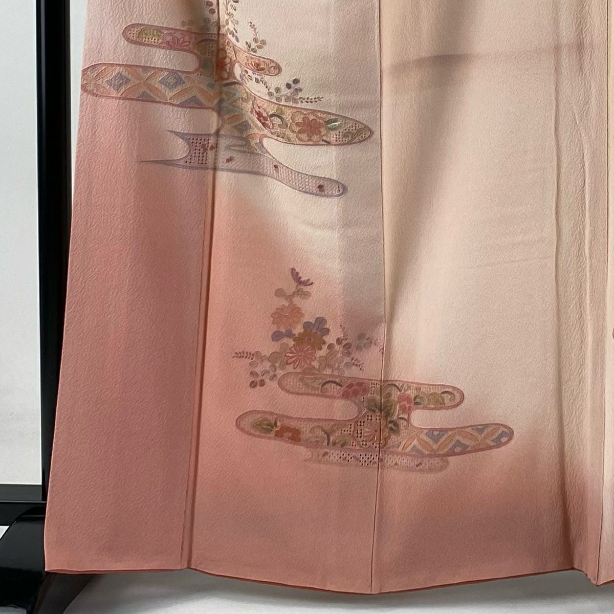 付下 身長164.5cm 袖長65cm M 雙層 ヱ霞 草花紋紋 汕頭刺繡 漸層 鮭粉色 純蠶絲 秀品級