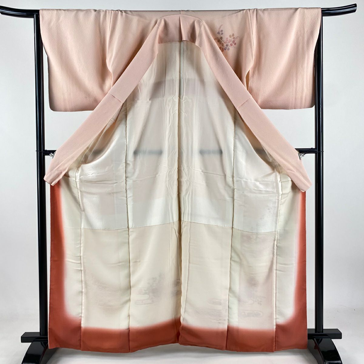 付下 身長164.5cm 袖長65cm M 雙層 ヱ霞 草花紋紋 汕頭刺繡 漸層 鮭粉色 純蠶絲 秀品級