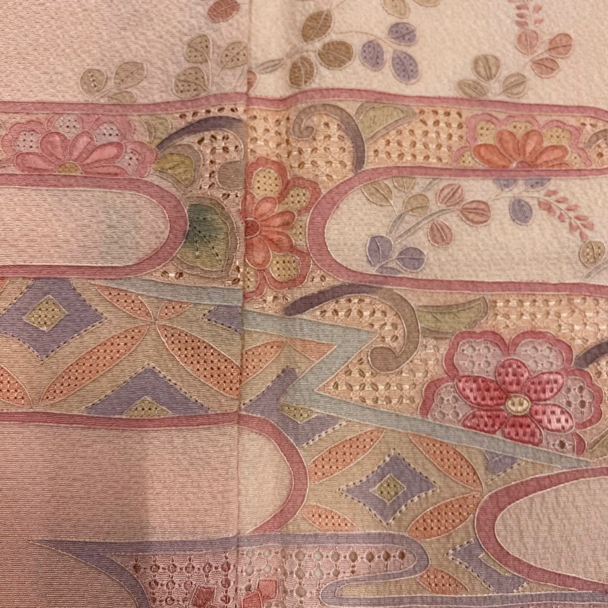 付下 身長164.5cm 袖長65cm M 雙層 ヱ霞 草花紋紋 汕頭刺繡 漸層 鮭粉色 純蠶絲 秀品級