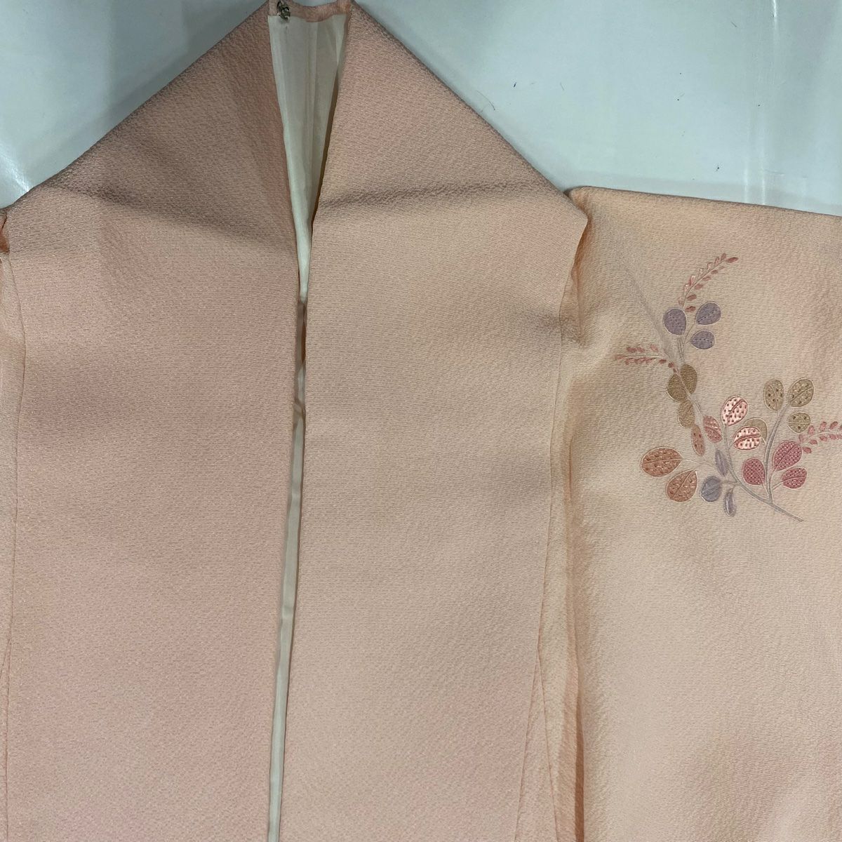 付下 身長164.5cm 袖長65cm M 雙層 ヱ霞 草花紋紋 汕頭刺繡 漸層 鮭粉色 純蠶絲 秀品級