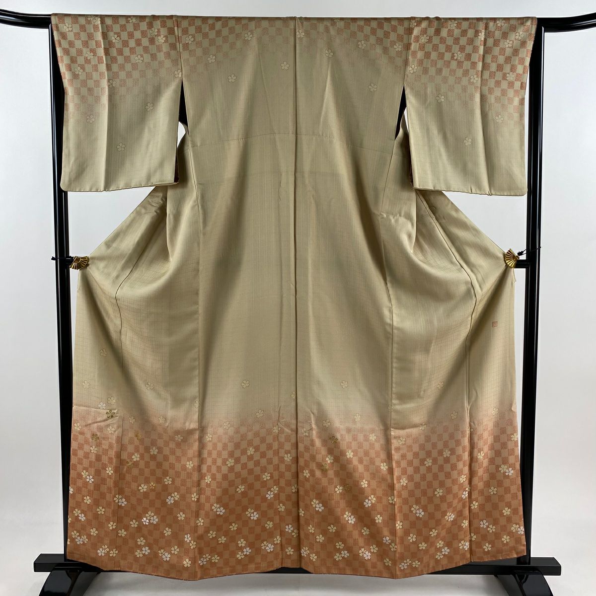 訪問服 身長160cm 袖長65.5cm M 雙層 大和 落款 櫻花 市松樹 金銀彩 漸層 米色 純蠶絲 優品級