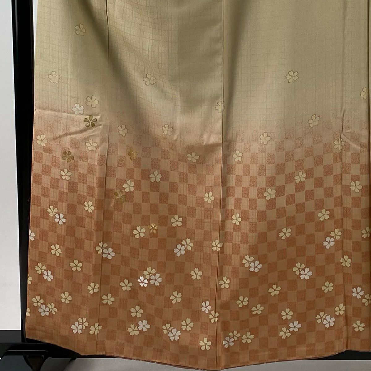 訪問服 身長160cm 袖長65.5cm M 雙層 大和 落款 櫻花 市松樹 金銀彩 漸層 米色 純蠶絲 優品級