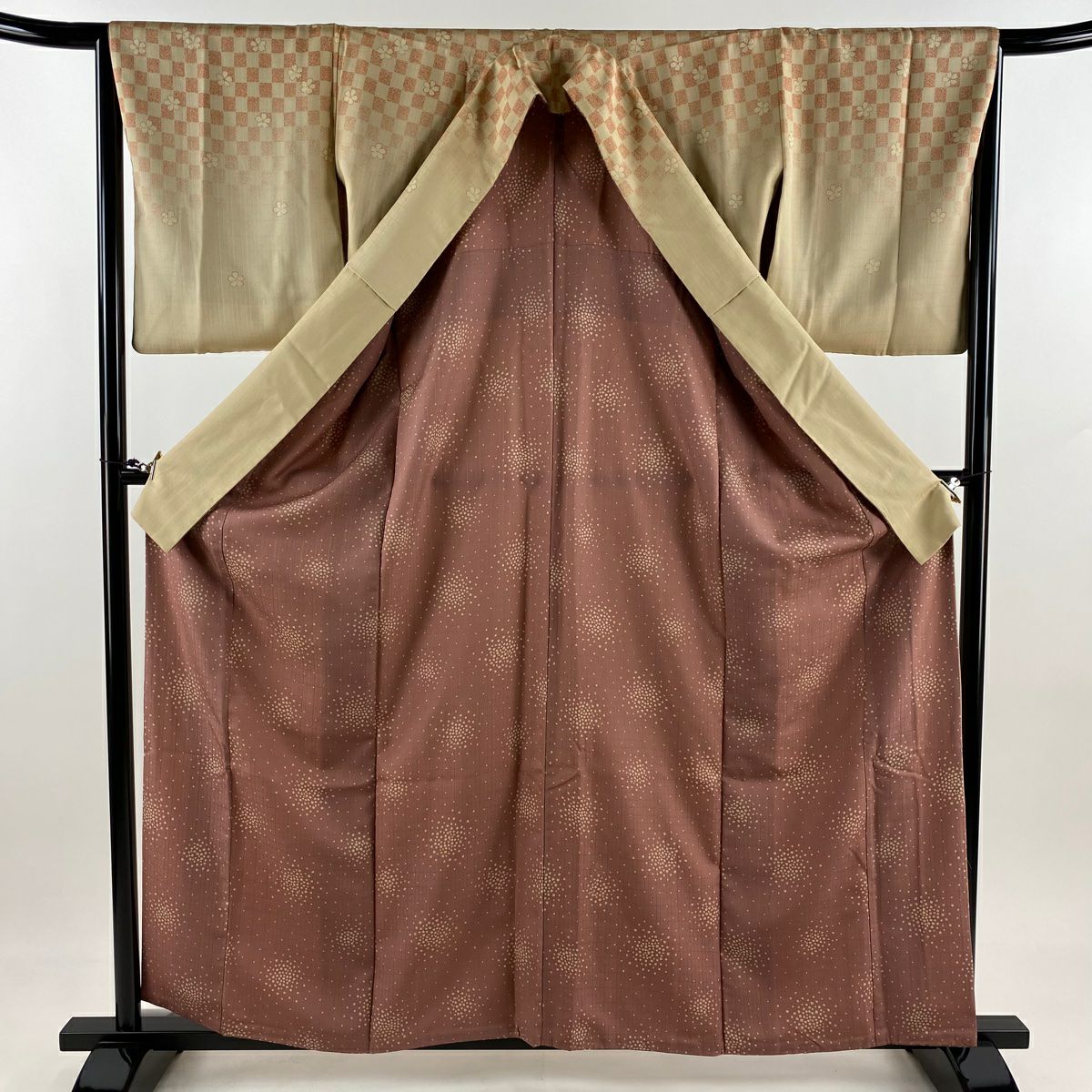 訪問服 身長160cm 袖長65.5cm M 雙層 大和 落款 櫻花 市松樹 金銀彩 漸層 米色 純蠶絲 優品級
