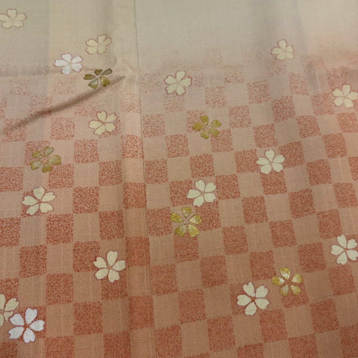 訪問服 身長160cm 袖長65.5cm M 雙層 大和 落款 櫻花 市松樹 金銀彩 漸層 米色 純蠶絲 優品級