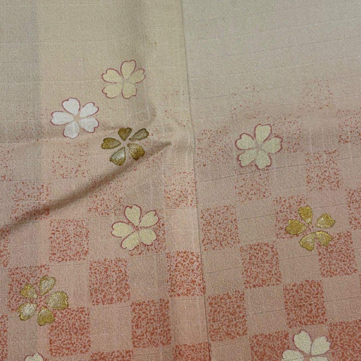訪問服 身長160cm 袖長65.5cm M 雙層 大和 落款 櫻花 市松樹 金銀彩 漸層 米色 純蠶絲 優品級