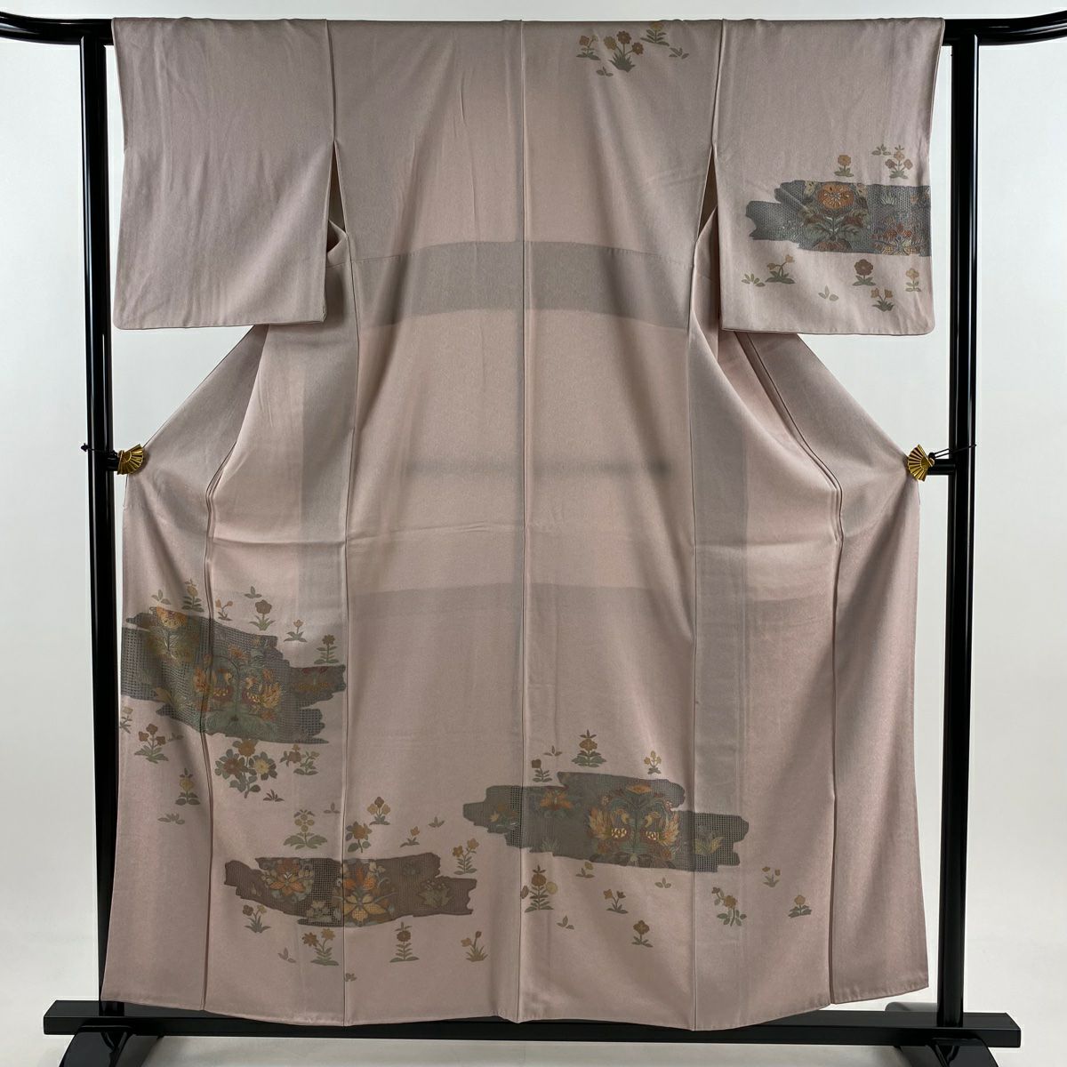 訪問服 身長158cm 袖長62cm S 雙層 向鳥 草花紋刺繡 金彩裝飾 灰櫻 純蠶絲 秀品級