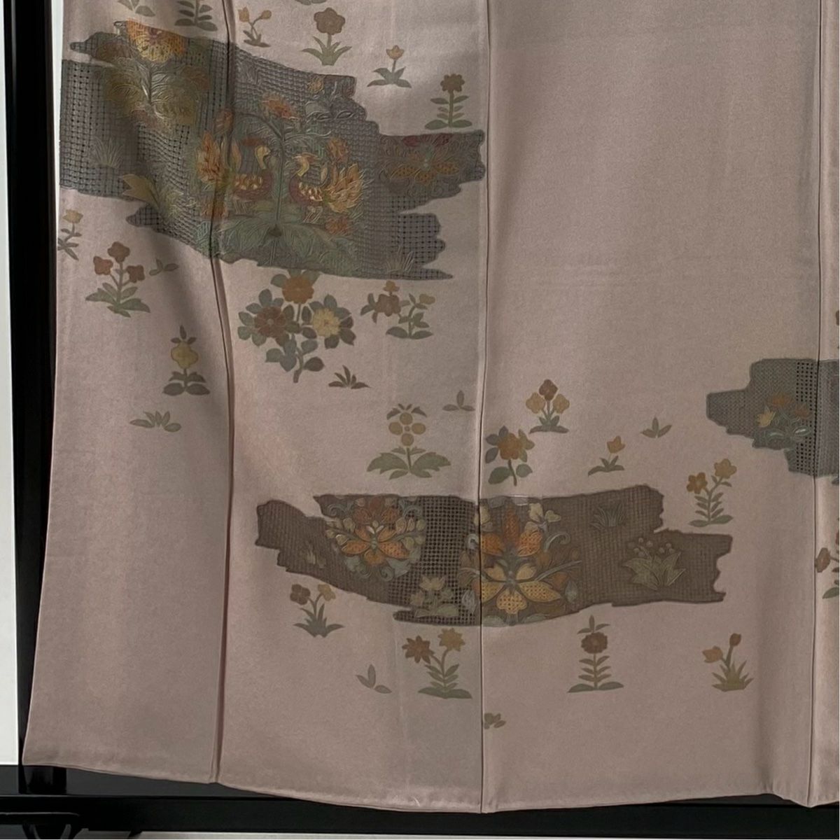 訪問服 身長158cm 袖長62cm S 雙層 向鳥 草花紋刺繡 金彩裝飾 灰櫻 純蠶絲 秀品級