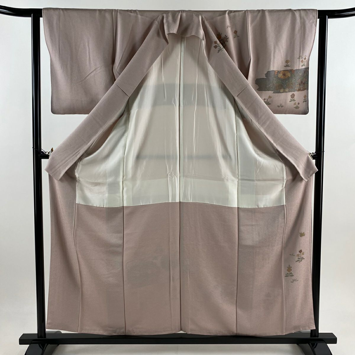 訪問服 身長158cm 袖長62cm S 雙層 向鳥 草花紋刺繡 金彩裝飾 灰櫻 純蠶絲 秀品級
