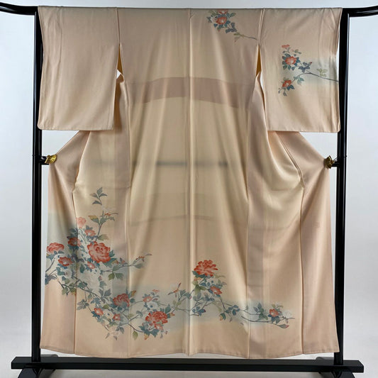 【美品】訪問服 身長155.5cm 袖長64.5cm M 雙層 落款あり 牡丹 椿 漸層 淺橙色 純蠶絲 優品級