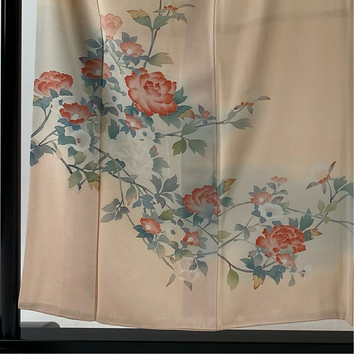 【美品】訪問服 身長155.5cm 袖長64.5cm M 雙層 落款あり 牡丹 椿 漸層 淺橙色 純蠶絲 優品級