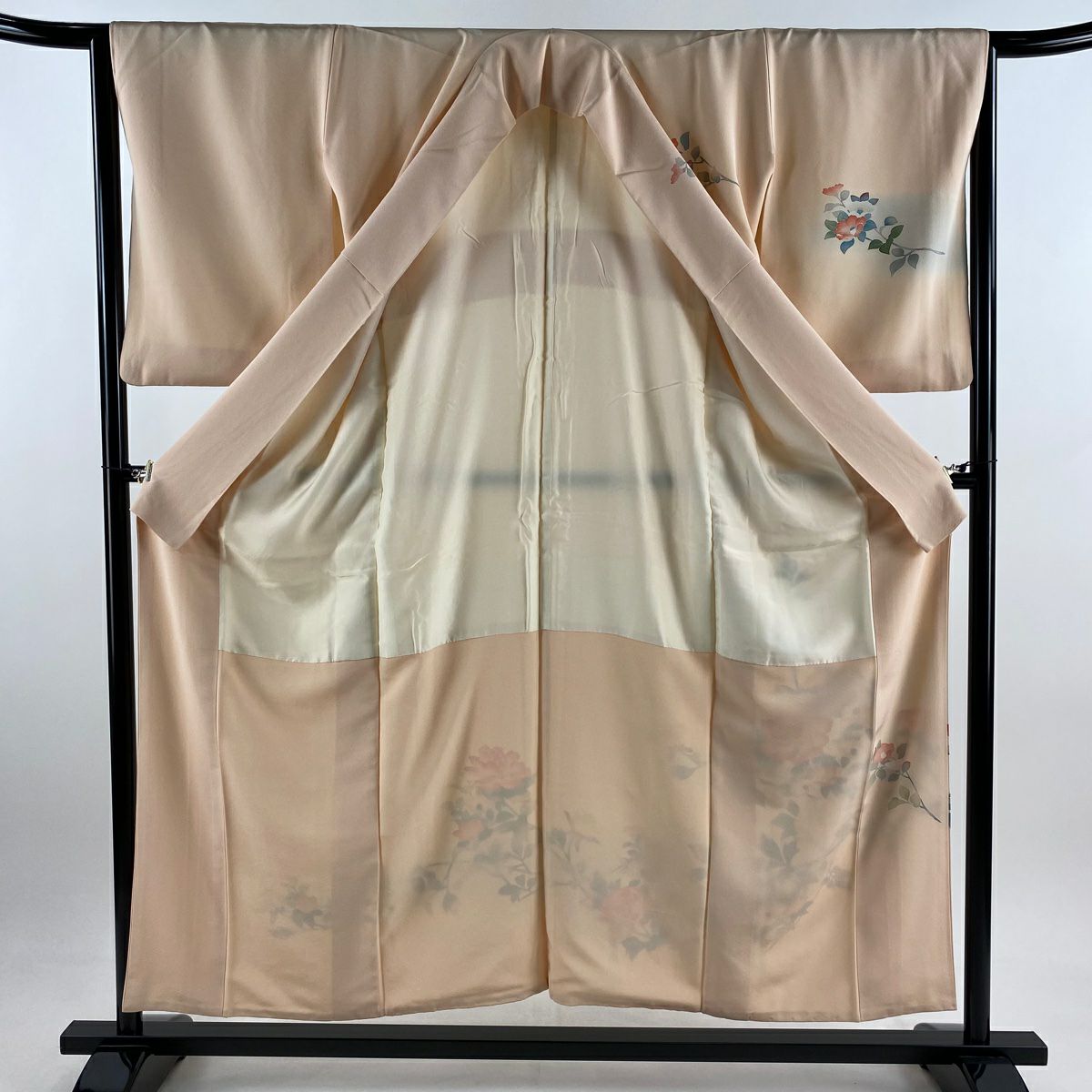 【美品】訪問服 身長155.5cm 袖長64.5cm M 雙層 落款あり 牡丹 椿 漸層 淺橙色 純蠶絲 優品級