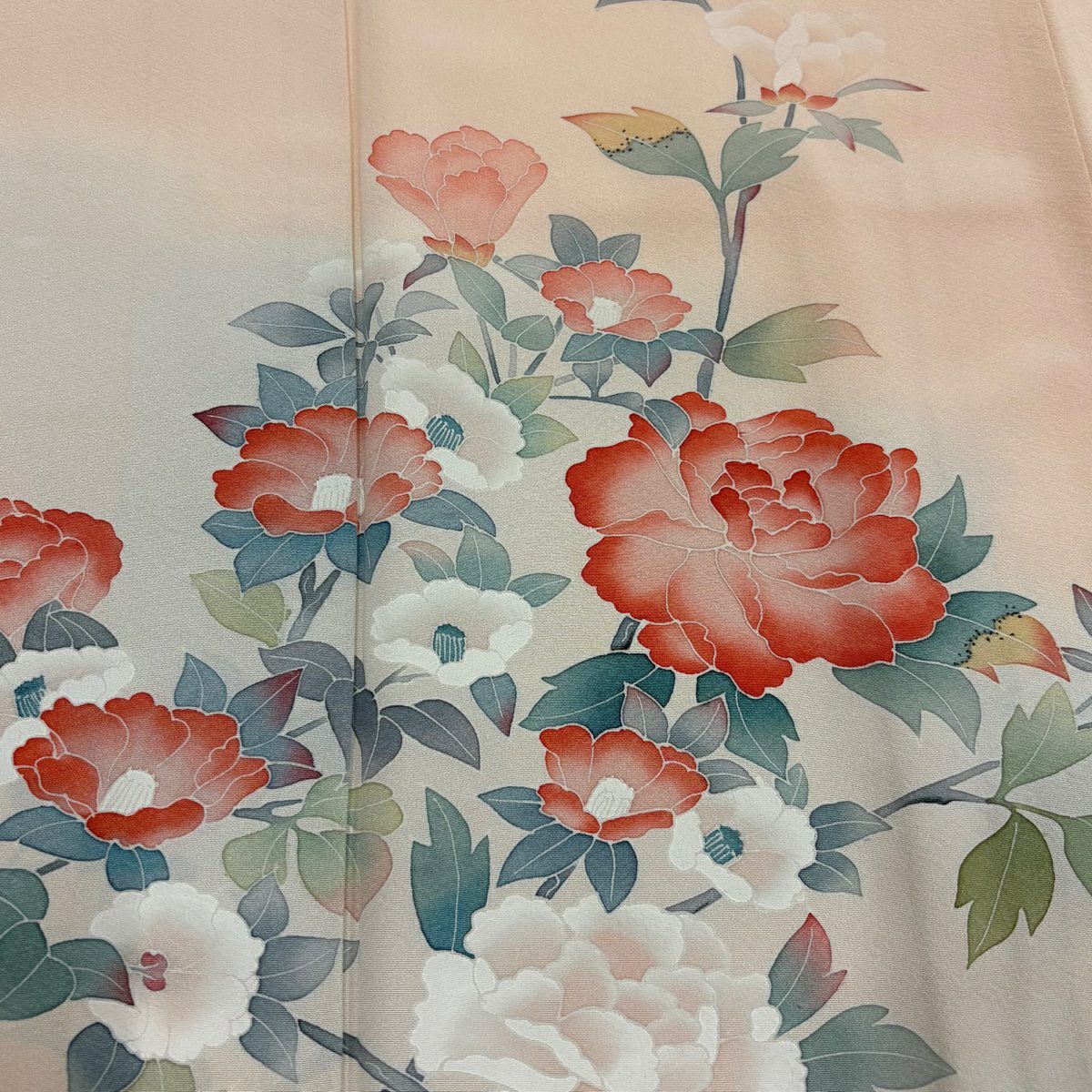 【美品】訪問服 身長155.5cm 袖長64.5cm M 雙層 落款あり 牡丹 椿 漸層 淺橙色 純蠶絲 優品級