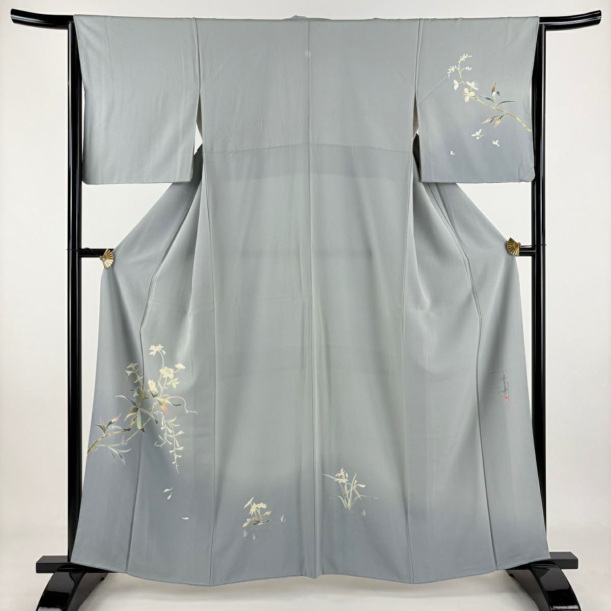 【庫存清倉】 付下 身長160cm 袖長64cm M 雙層 百貫石峰 有落款 草花紋紋 漸層 青灰色 純蠶絲 名品級