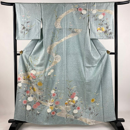 【庫存清倉】 【美品】 訪問服 身長162cm 袖長65cm M 雙層 鴛鴦 菊花 金銀彩 淺綠 純蠶絲 名品級