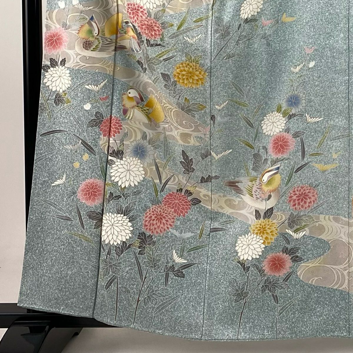 【庫存清倉】 【美品】 訪問服 身長162cm 袖長65cm M 雙層 鴛鴦 菊花 金銀彩 淺綠 純蠶絲 名品級