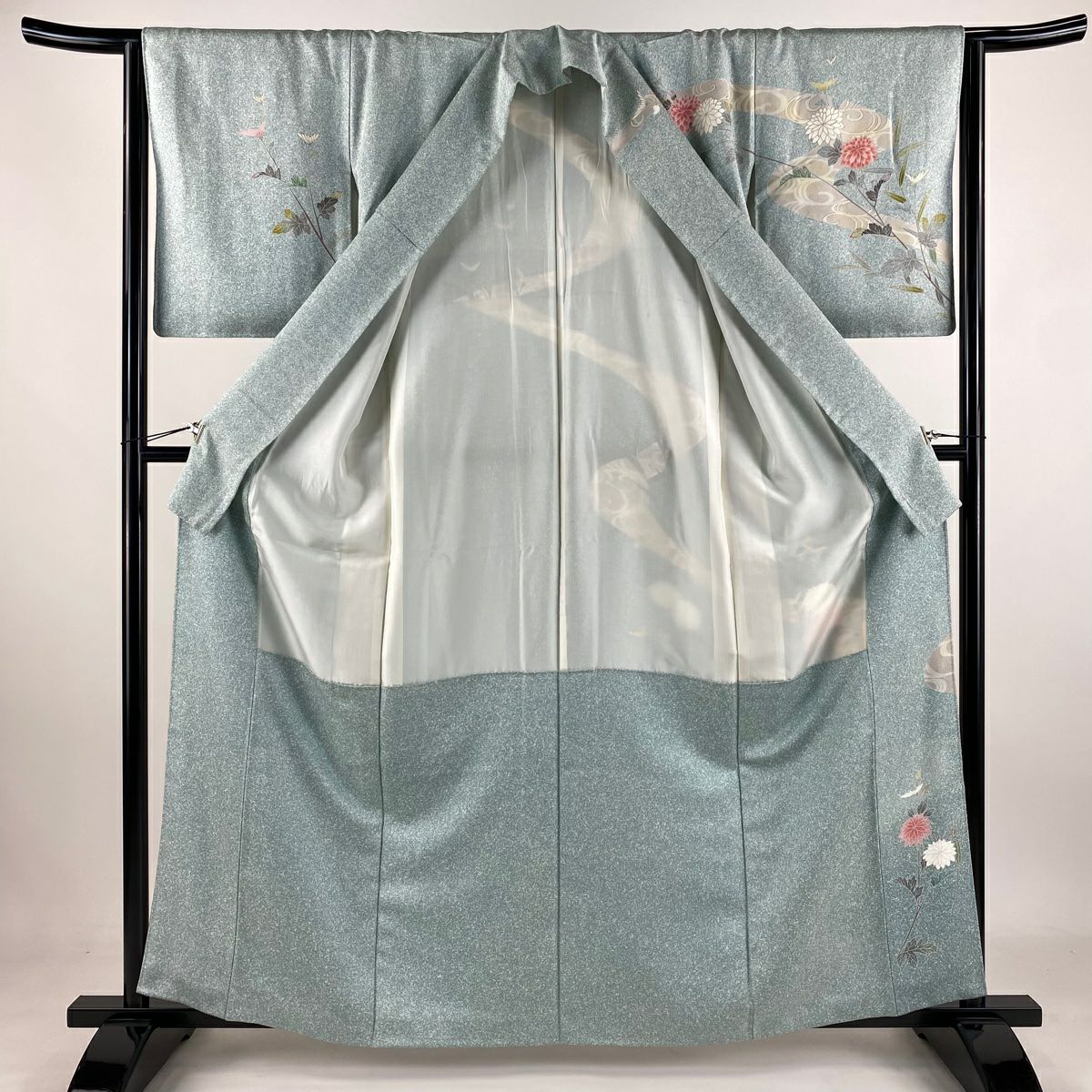 【庫存清倉】 【美品】 訪問服 身長162cm 袖長65cm M 雙層 鴛鴦 菊花 金銀彩 淺綠 純蠶絲 名品級