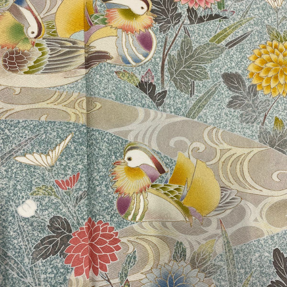【庫存清倉】 【美品】 訪問服 身長162cm 袖長65cm M 雙層 鴛鴦 菊花 金銀彩 淺綠 純蠶絲 名品級