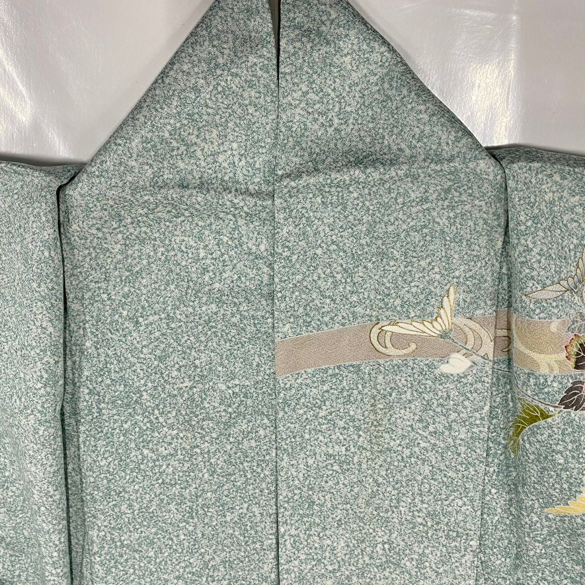 【庫存清倉】 【美品】 訪問服 身長162cm 袖長65cm M 雙層 鴛鴦 菊花 金銀彩 淺綠 純蠶絲 名品級