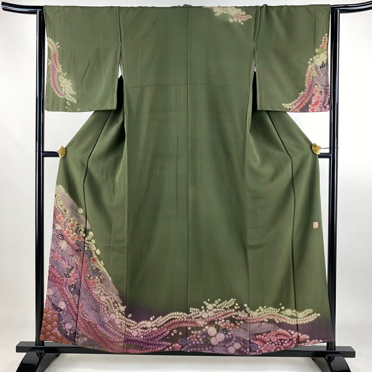 【庫存清倉】訪問服 身長157cm 袖長64cm M 雙層 滝泰 有落款 草花紋紋 松樹皮菱 金銀彩 絞染 茶綠 純蠶絲 名品級