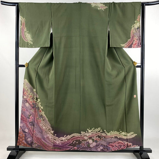【庫存清倉】訪問服 身長157cm 袖長64cm M 雙層 滝泰 有落款 草花紋紋 松樹皮菱 金銀彩 絞染 茶綠 純蠶絲 名品級
