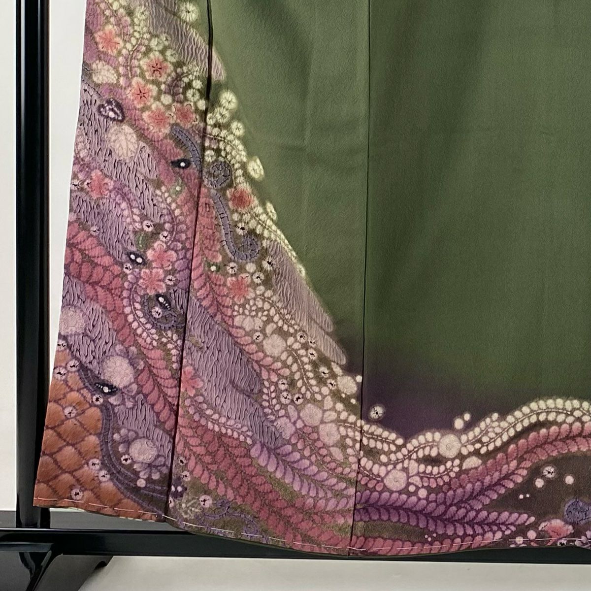 【庫存清倉】訪問服 身長157cm 袖長64cm M 雙層 滝泰 有落款 草花紋紋 松樹皮菱 金銀彩 絞染 茶綠 純蠶絲 名品級