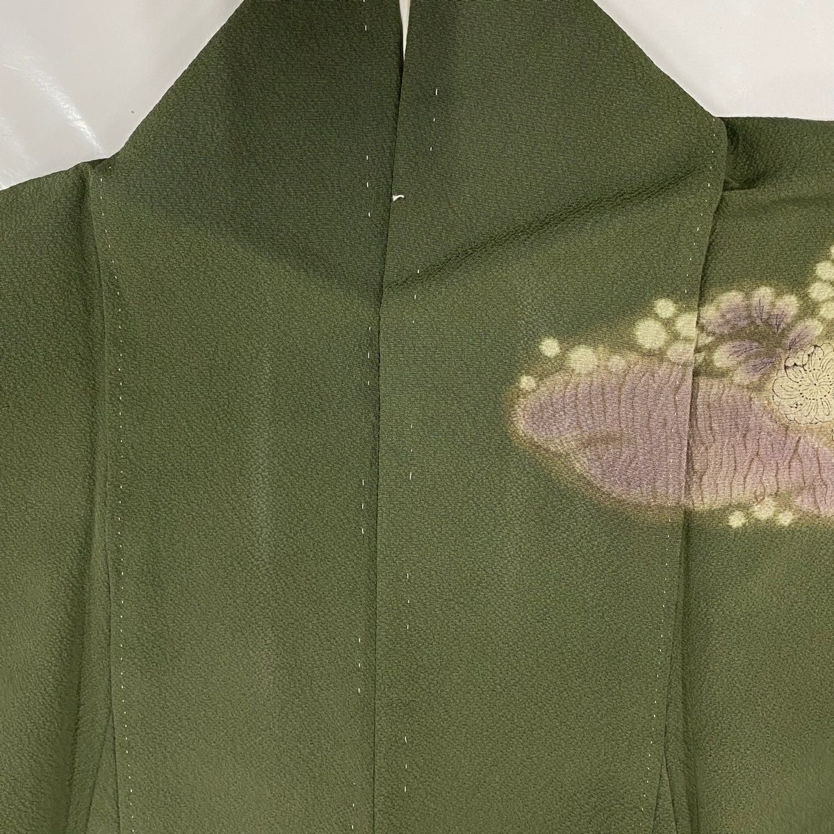 【庫存清倉】訪問服 身長157cm 袖長64cm M 雙層 滝泰 有落款 草花紋紋 松樹皮菱 金銀彩 絞染 茶綠 純蠶絲 名品級