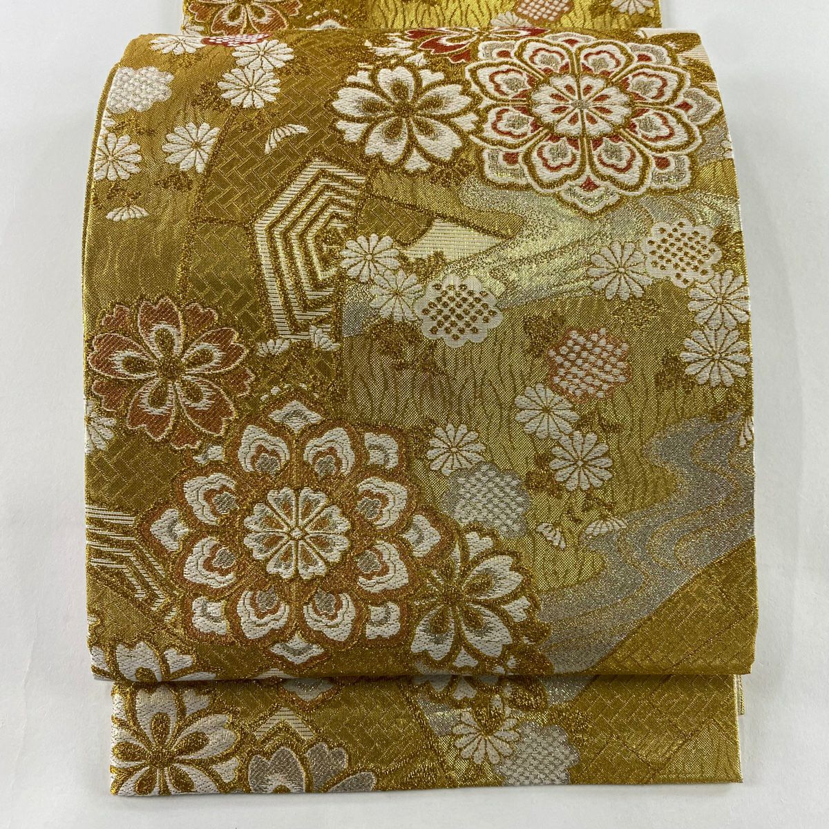 【美品】 袋帶 秀品級 華紋 菊花 金絲 金金箔 金色 六通 純蠶絲
