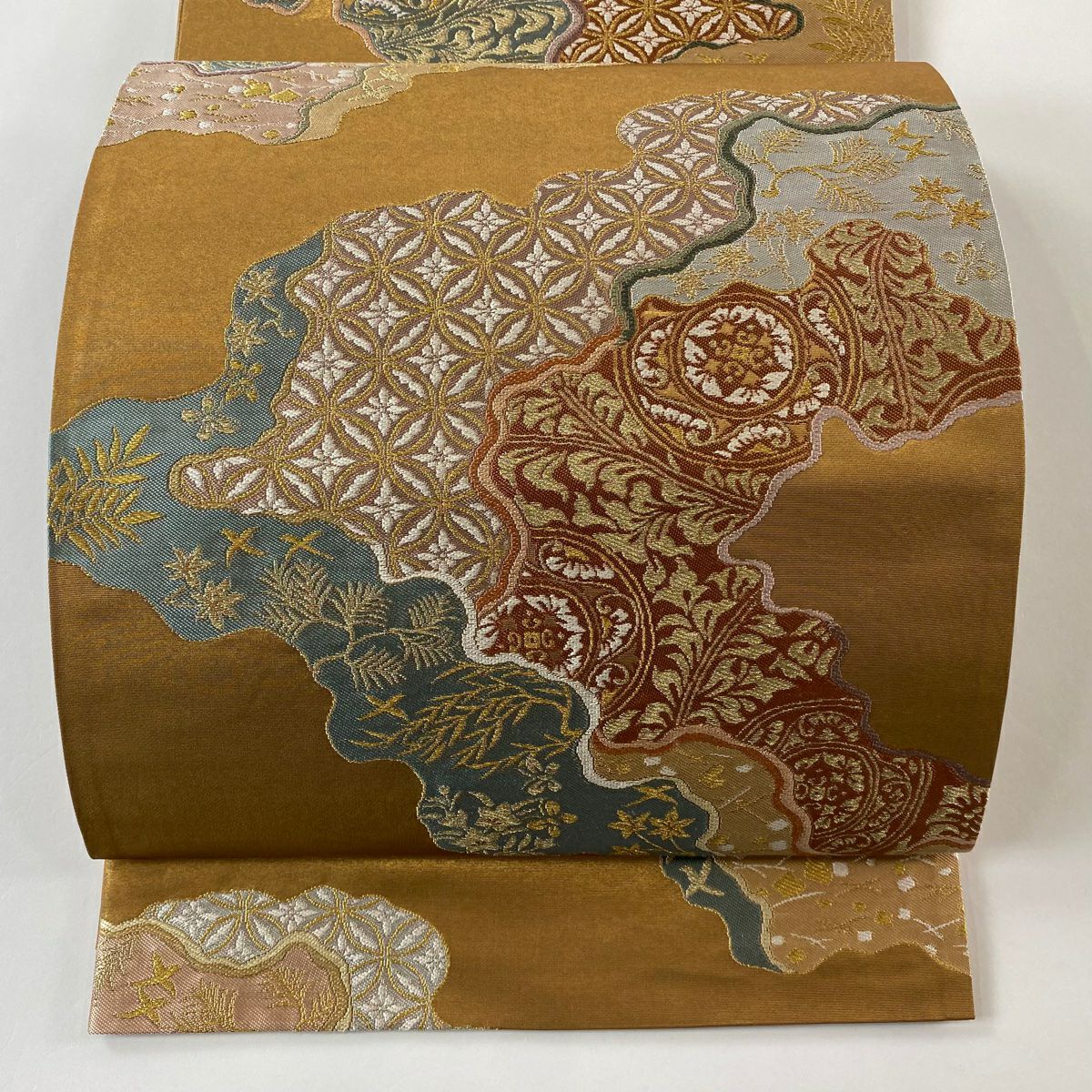 【美品】 袋帶 逸品級 河村織物 落款あり 道長取 名物裂六歌選 金糸 金金箔 金茶 六通 純蠶絲