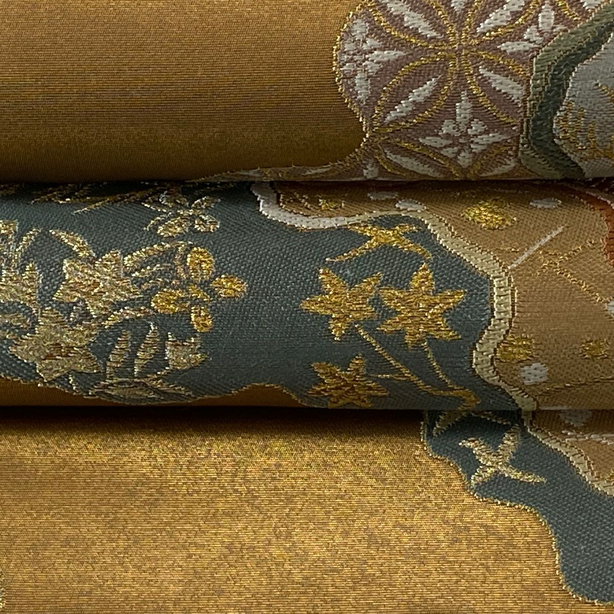 【美品】 袋帶 逸品級 河村織物 落款あり 道長取 名物裂六歌選 金糸 金金箔 金茶 六通 純蠶絲