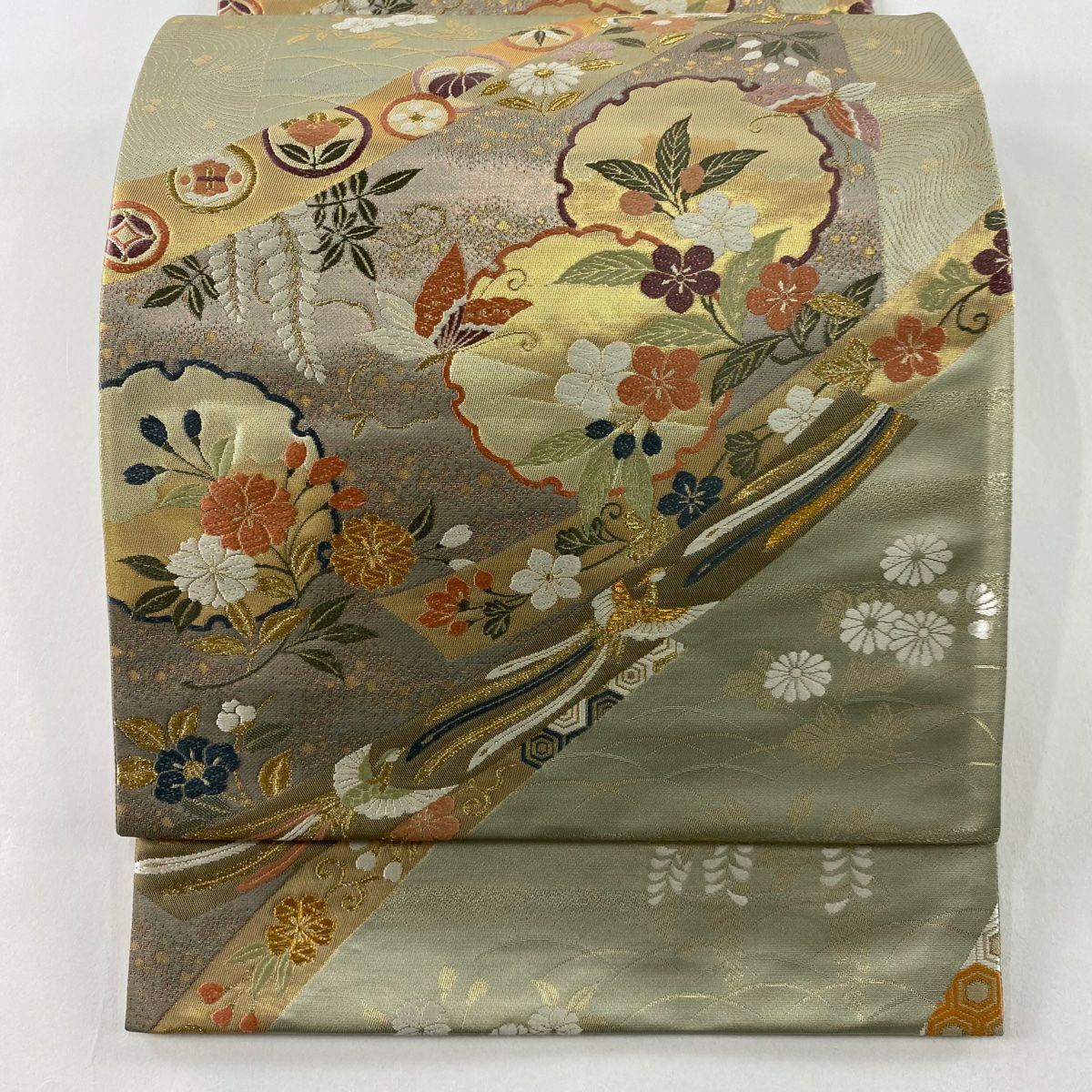袋帶 秀品級 雪輪 花蝶 金絲 金金箔 灰綠 六通 純蠶絲