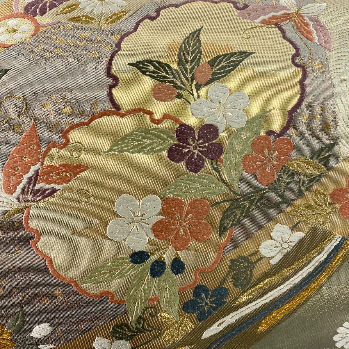袋帶 秀品級 雪輪 花蝶 金絲 金金箔 灰綠 六通 純蠶絲