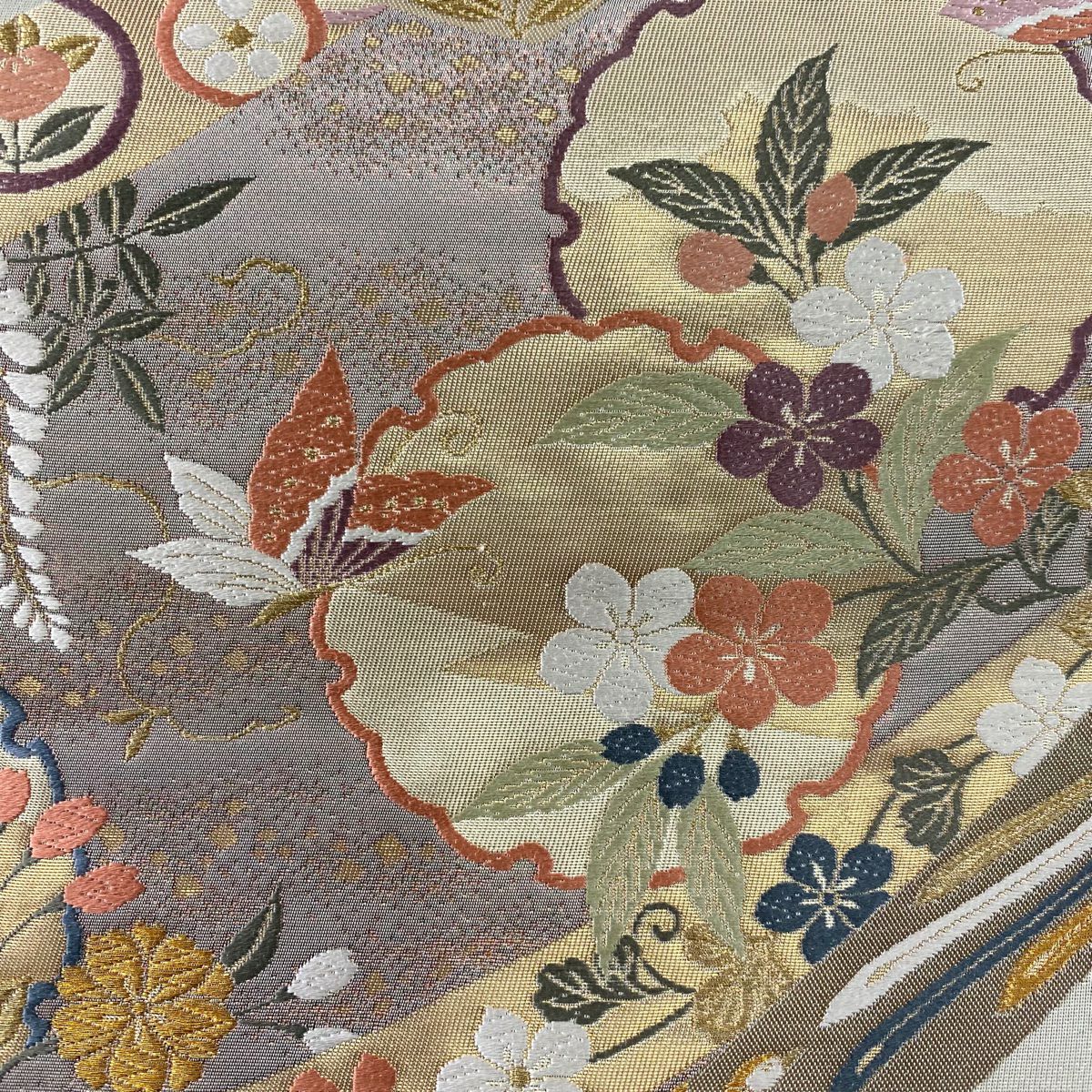 袋帶 秀品級 雪輪 花蝶 金絲 金金箔 灰綠 六通 純蠶絲