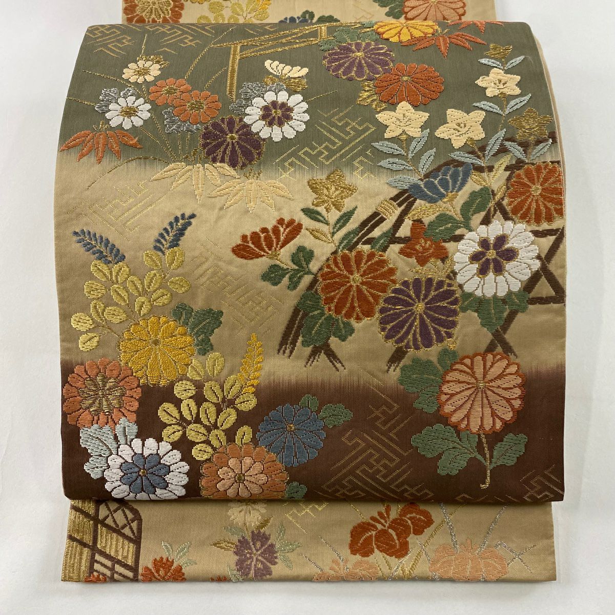 【美品】 袋帶 秀品級 菊花 光悅垣 金銀線 金金箔 淺茶 六通 純蠶絲