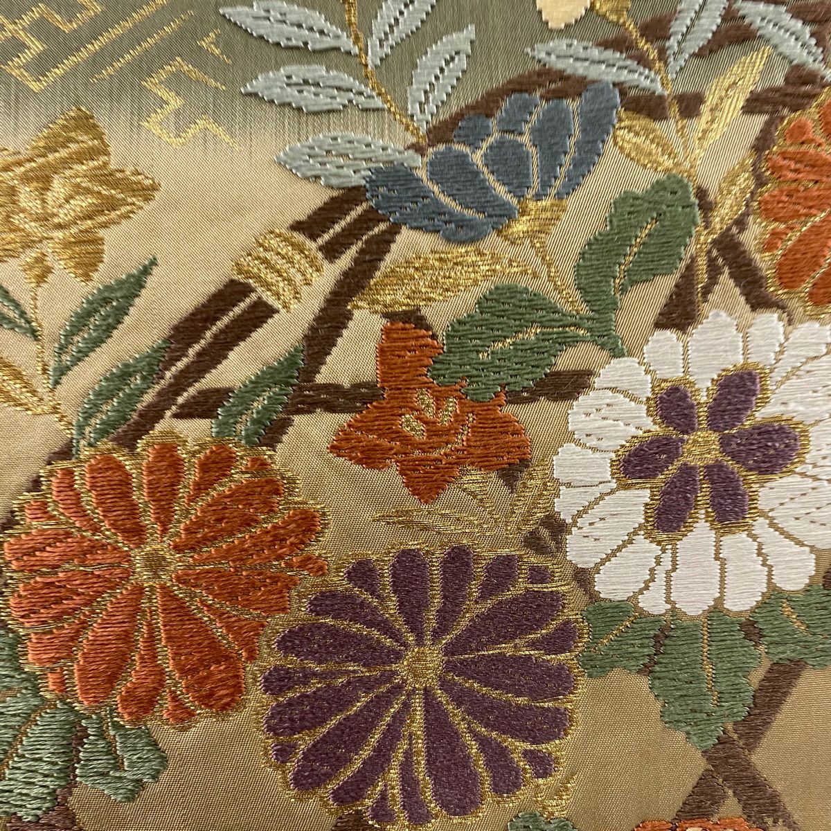 【美品】 袋帶 秀品級 菊花 光悅垣 金銀線 金金箔 淺茶 六通 純蠶絲